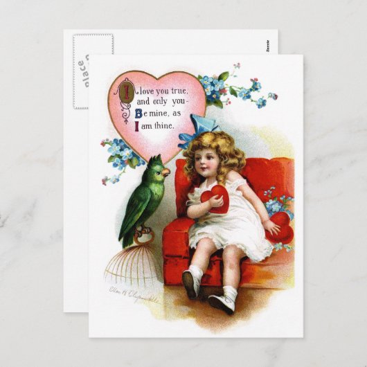 Ellen H. Clapsaddle: Valentijn meisje met papegaai Feestdagenkaart (Voorkant / Achterkant)