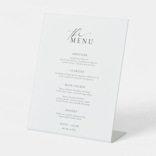 Ellesmere Minimalist Wedding Menu Reclamebord Met Voetstuk (Voorkant)