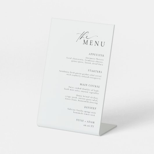 Ellesmere Minimalist Wedding Menu Reclamebord Met Voetstuk (Voorkant)