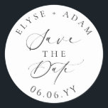 Ellesmere Modern Minimalist Wedding Save the Date Ronde Sticker<br><div class="desc">De Ellesmere save the date envelope seal sticker heeft een modern minimalistisch ontwerp op een witte achtergrond voor een strakke en eenvoudige look. De scripttekst kan niet worden bewerkt. Alle andere tekst kan volledig worden bewerkt. Voor meer geavanceerde aanpassingen van dit ontwerp selecteert u de knop "Aanpassen" hierboven.</div>