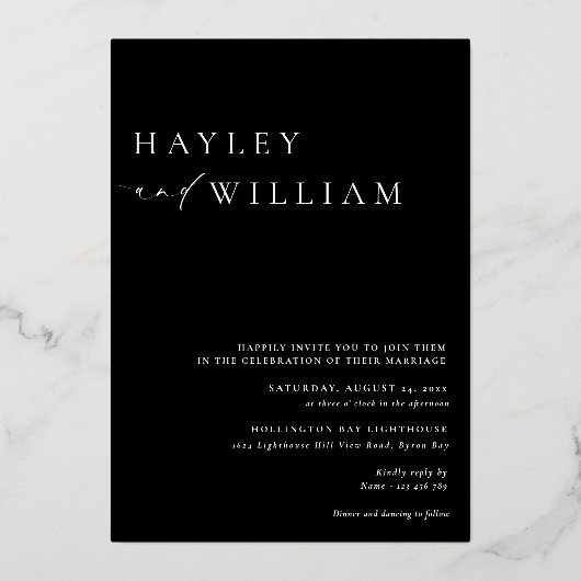Ellesmere Zwart Moderne minimalistische bruiloft Folie Uitnodiging (Achterkant)