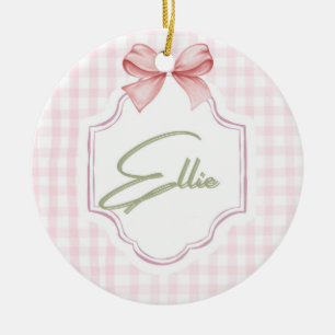 Ellie gepersonaliseerde roze strik & gingham print keramisch ornament