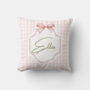 Ellie gepersonaliseerde roze strik & gingham print kussen