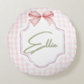 Ellie gepersonaliseerde roze strik & gingham print rond kussen (Voorkant)