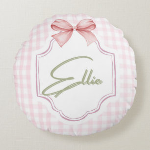 Ellie gepersonaliseerde roze strik & gingham print rond kussen