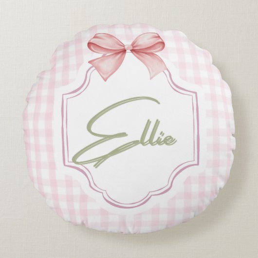 Ellie gepersonaliseerde roze strik & gingham print rond kussen (Voorkant)