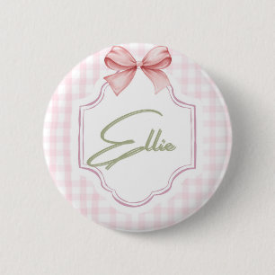 Ellie gepersonaliseerde roze strik & gingham print ronde button 5,7 cm
