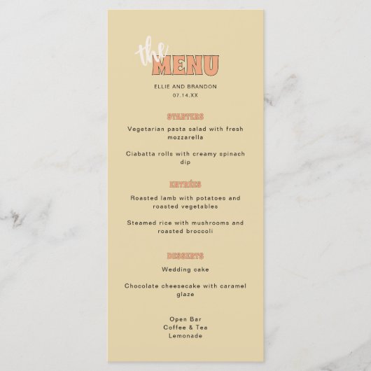 ELLIE Retro Modern & Bold Beige Trouwen Menu (Voorkant)