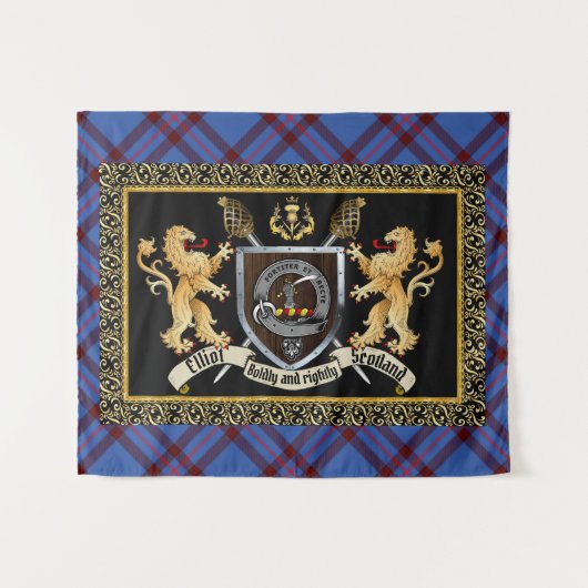 Elliot Clan Badge & Motto w/Lions Wandkleed (Voorkant (horizontaal))