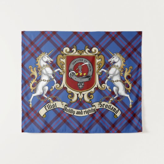 Elliot Clan Badge & Unicorns met Tartan Wandkleed (Voorkant (horizontaal))
