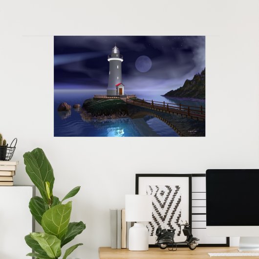 Elliot Key Lighthouse - Full Moon Poster (Thuiskantoor)