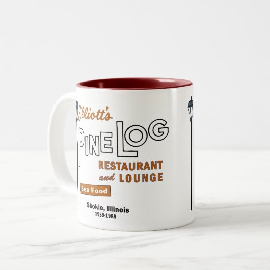 Elliotts Pine Log Restaurant, Skokie, IL. 1939-88 Tweekleurige Koffiemok (Voorkant links)