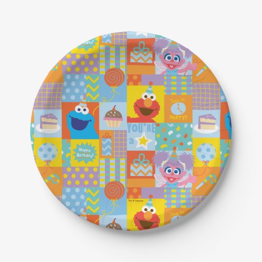 Elmo, Abby en Cookie Monster Birthday Pattern Papieren Bordje (Voorkant)