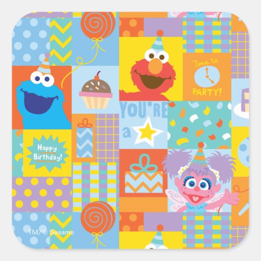 Elmo, Abby en Cookie Monster Birthday Pattern Vierkante Sticker (Voorkant)