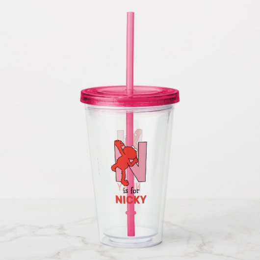 Elmo Alphabet | N Roze Acryl Drinkbeker (Voorkant)