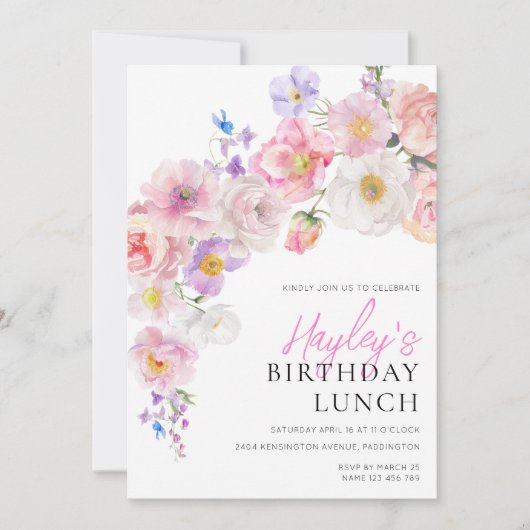 Eloise Pink Floral Verjaardagslunch Kaart (Voorkant)