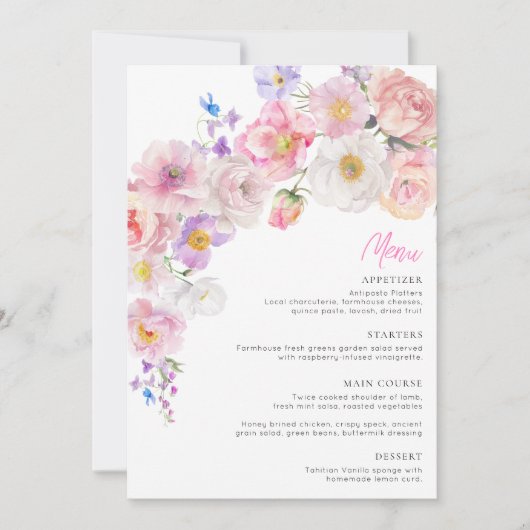 Eloise Roze Bloem Bruiloft Borrel Menukaart Kaart (Voorkant)