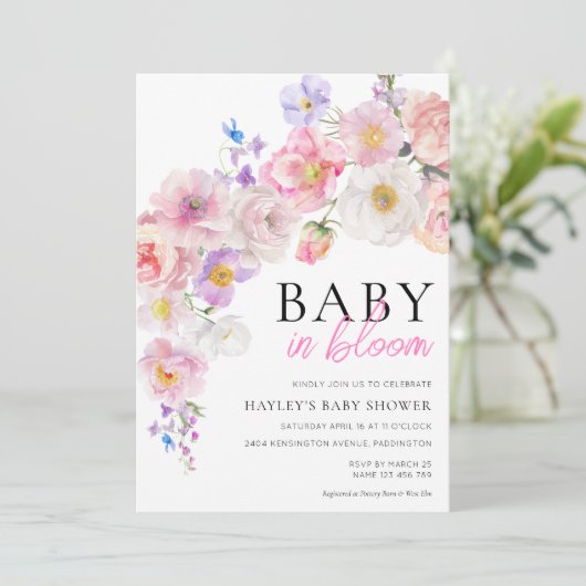 Eloise Roze Bloemen Baby in Bloom Baby shower Kaart (Staand voorkant)
