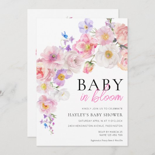 Eloise Roze Bloemen Baby in Bloom Baby shower Kaart (Voorkant / Achterkant)