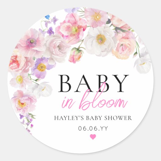 Eloise Roze Bloemen Baby in Bloom Baby shower Ronde Sticker (Voorkant)