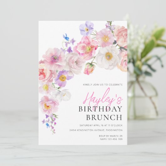 Eloise Roze Bloemen Verjaardagsbrunch Kaart (Staand voorkant)