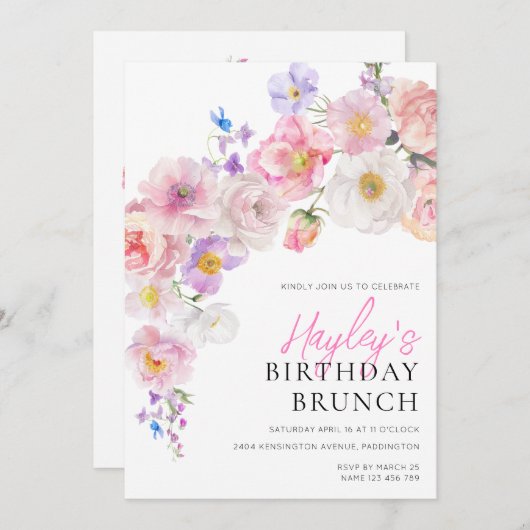 Eloise Roze Bloemen Verjaardagsbrunch Kaart (Voorkant / Achterkant)