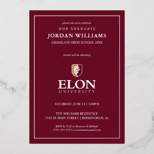 Elon University Afstuderen Folie Uitnodiging (Voorkant)