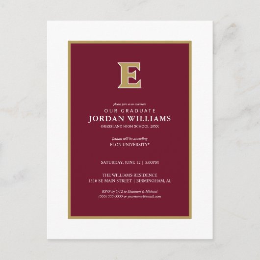 Elon University E | Afstuderen Aankondigingskaart (Voorkant)