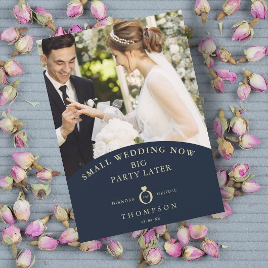 Eloped Navy Elegant Golden Photo Invitation Kaart