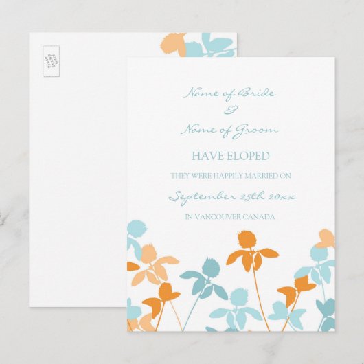 Elopement Aankondiging Briefkaarten Blauw Sinaasap (Voorkant / Achterkant)