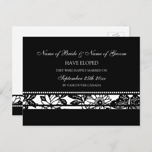 Elopement Aankondiging Briefkaarten zwart en wit (Voorkant / Achterkant)