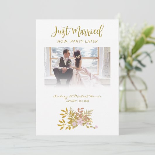 Elopement Photo Wedding Elegant Floral Fake Golden Kaart (Staand voorkant)