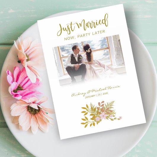 Elopement Photo Wedding Elegant Floral Fake Golden Kaart