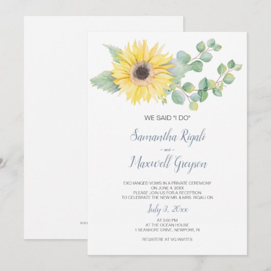 Elopement Receptie Uitnodigen, Eucalyptus Zonneblo Kaart (Voorkant / Achterkant)