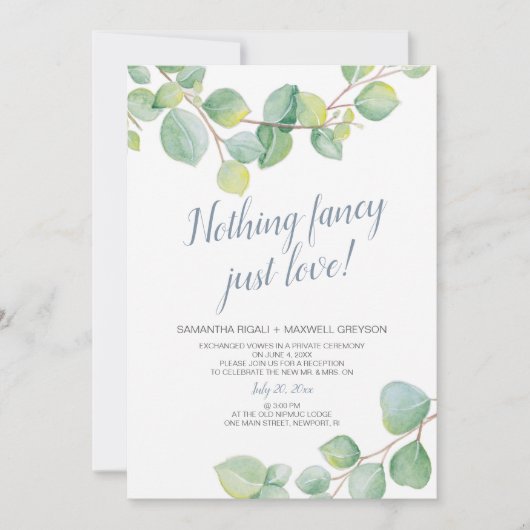 Elopement Reception Niets Fancy Just Love Kaart (Voorkant)