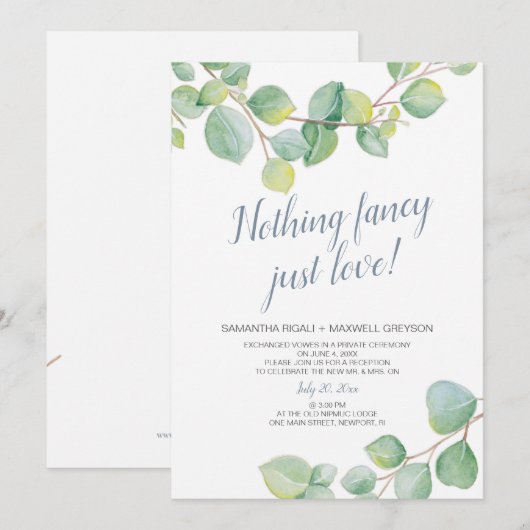 Elopement Reception Niets Fancy Just Love Kaart (Voorkant / Achterkant)