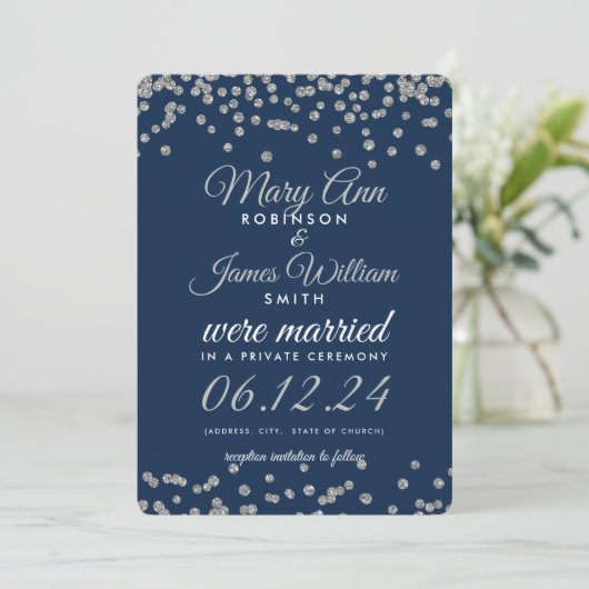 Elopement Silver Glitter Confetti Navy Blue Kaart (Staand voorkant)