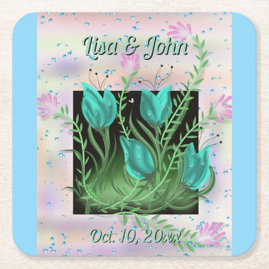 Eloquent Blauwgroen Bloemen bruiloft Onderzetters (Voorkant)