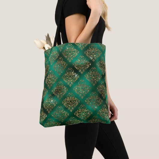 Elrgant Green Gold Glitter Damask Chic Tote Bag (Dichtbij)