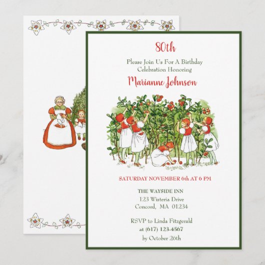 Elsa Beskow Aardbei Meisjes Verjaardag Uitnodiging (Voorkant / Achterkant)