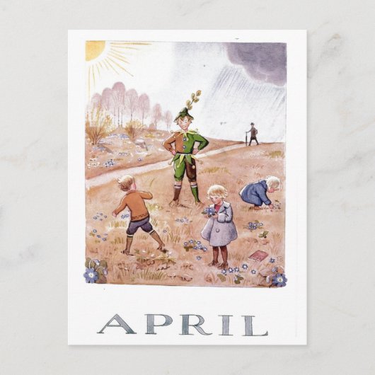  Elsa Beskow April Briefkaart (Voorkant)