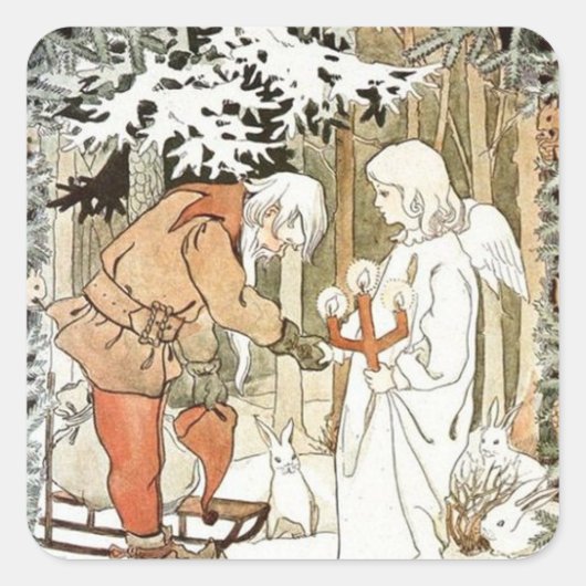 Elsa Beskow Kerstengel Winterscène Vierkante Sticker (Voorkant)