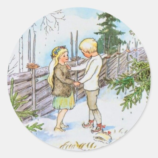  Elsa Beskow Sneeuwkinderen Ronde Sticker (Voorkant)