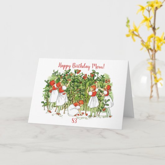 Elsa Beskow Verjaardag Aardbeismeisjes Kaart (Gele Bloem)