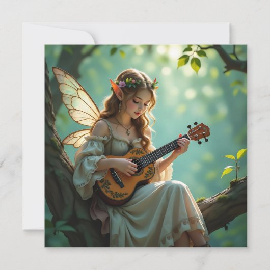  Elven Fairy Playing Ukulele in Enchanted Forest Kaart (Voorkant)