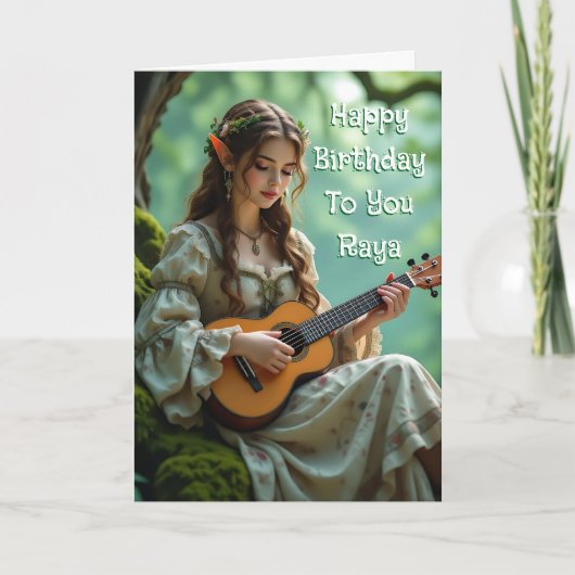 Elven Fairy with Ukulele | Personalized Birthday Kaart (Voorkant)
