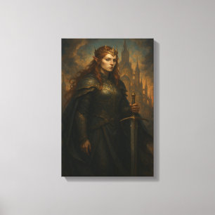 Elven Warrior Queen in Armor met kroon en zwaard Canvas Afdruk