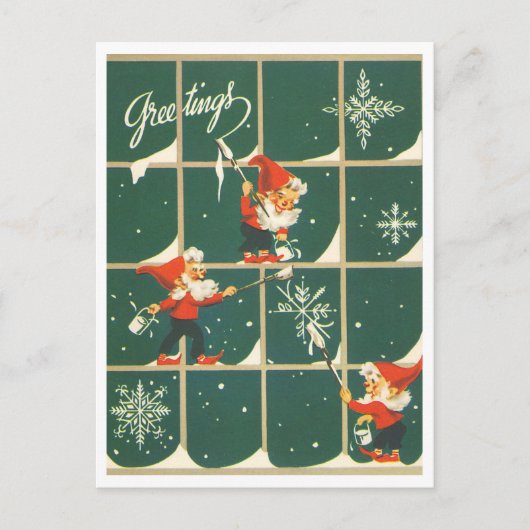 Elves Christmas Holiday Decorating Window Retro Briefkaart (Voorkant)