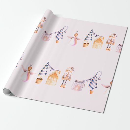 ELVES EN CHRISTMAS TREE PATTERN IN WATERVERF CADEAUPAPIER (Uitgerold)