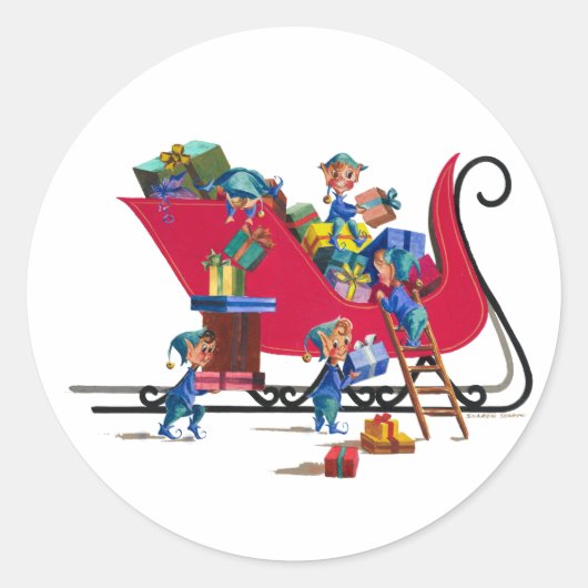 ELVES FILLING SANTA'S SLEIGH by SHARON SHARPE Ronde Sticker (Voorkant)